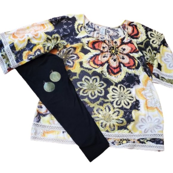 Hannah Tunic Boat Neck Tunic with 3/4 Sleeves Vibrant Flowers and Ivory Trim - Picture 2 of 7